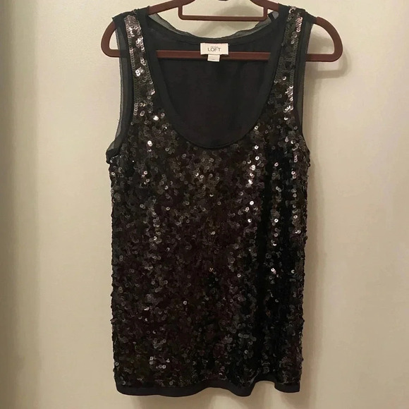 Loft black sequin scoop neck tank top sleeveless medium - Picture 1 of 14